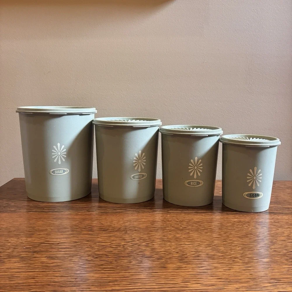 Vintage Tupperware Green Canister Set 4 Sugar Coffee Rice Flour Wheat Sunburst